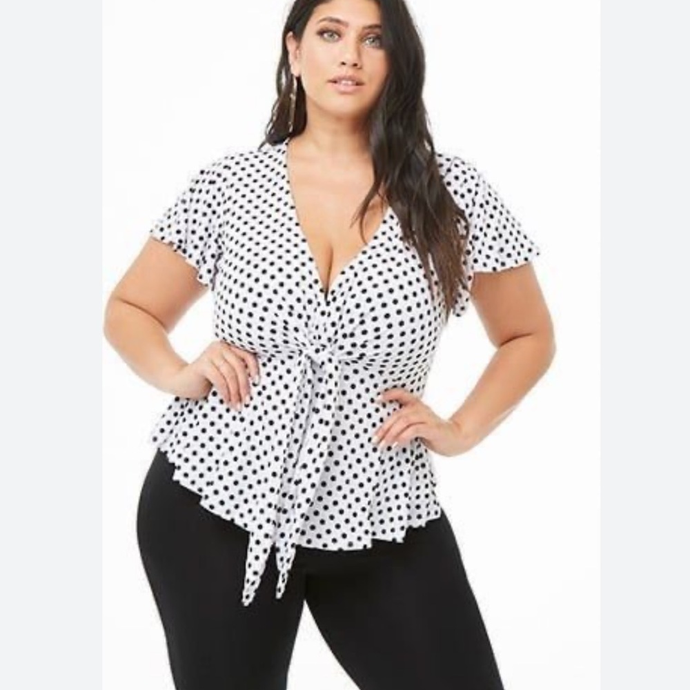 FOREVER 21 | BLACK LIGHT GRAY KNOT FRONT WOMENS POLKA DOT BLOUSE SIZE XL